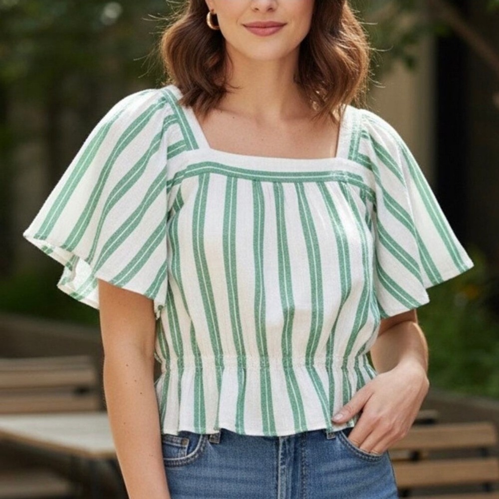 Ann Taylor Women's Square Neck Cinched Waist Blouse Green White Striped Large